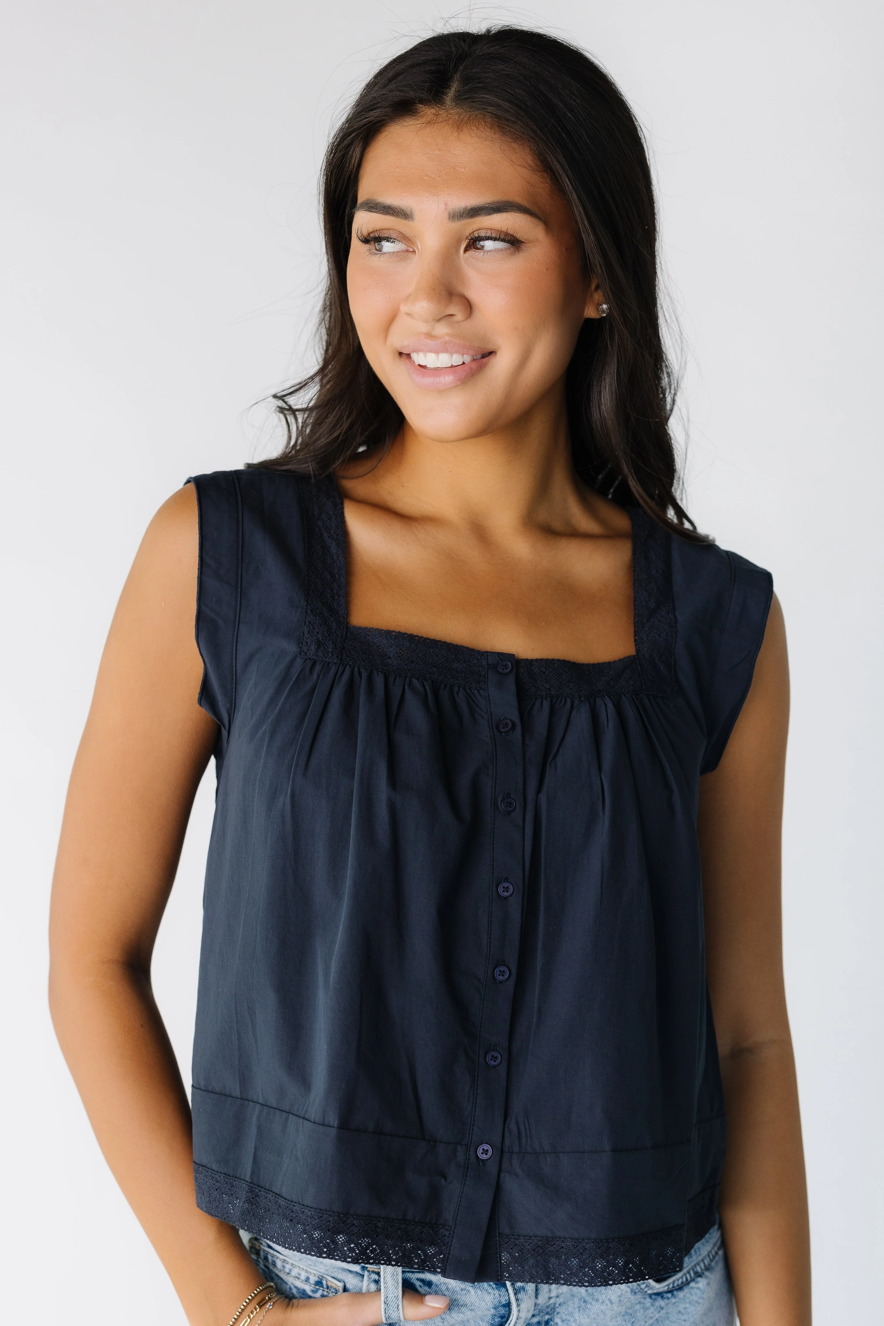 Eyelet Trim Detailed Sleeveless Top