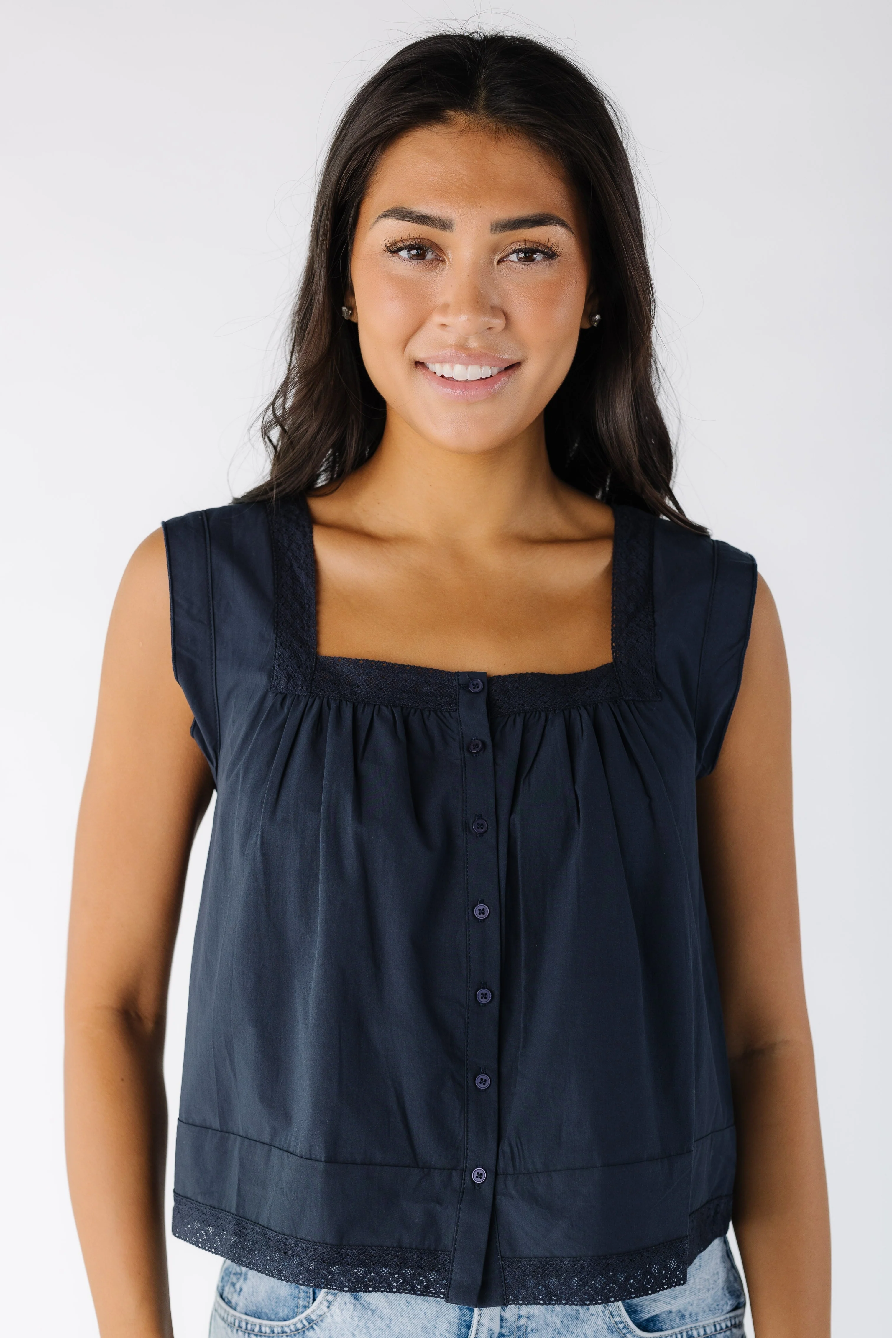 Eyelet Trim Detailed Sleeveless Top - Image 2
