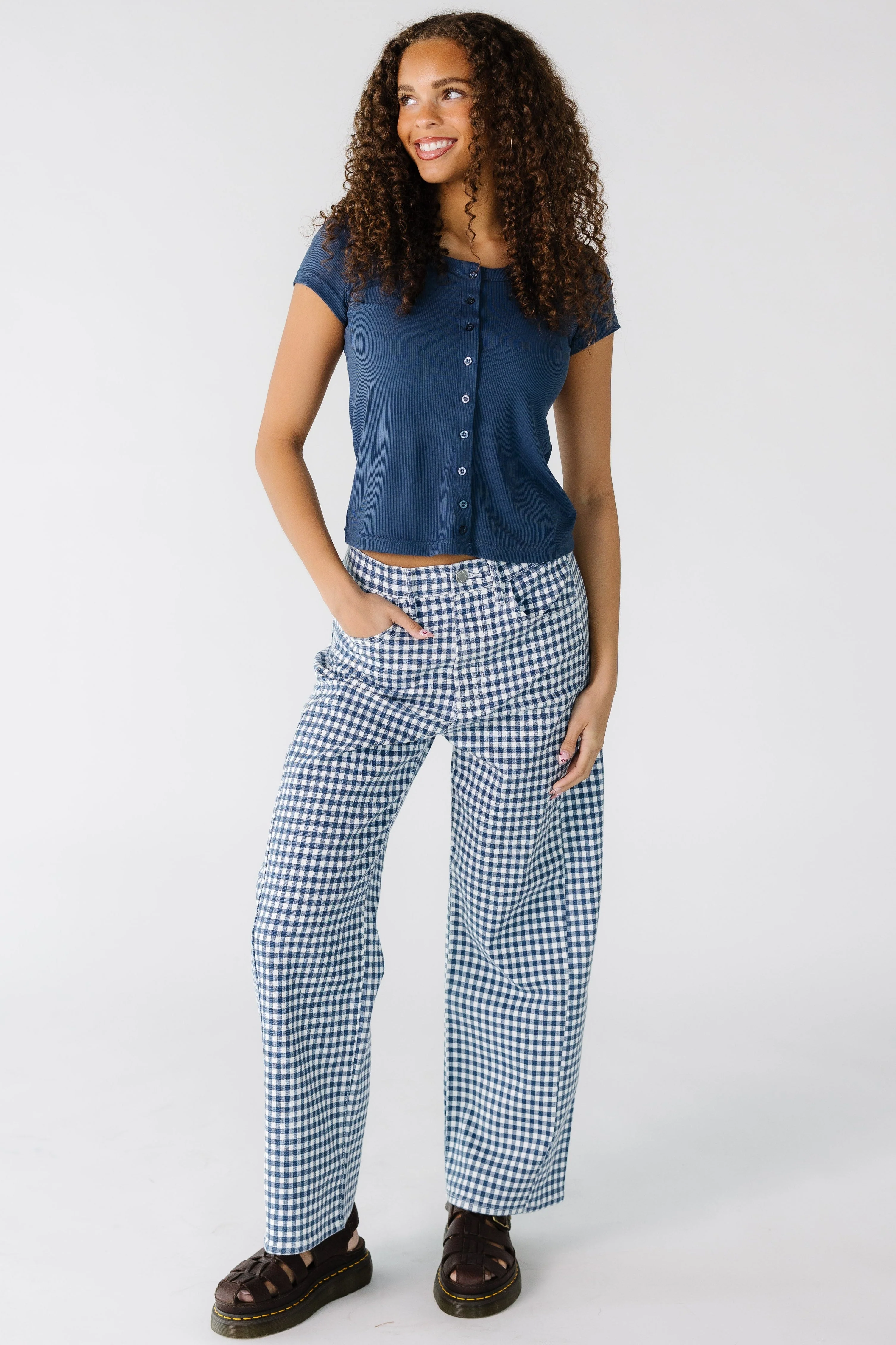 Navy Gingham Barrel Jeans - Image 2