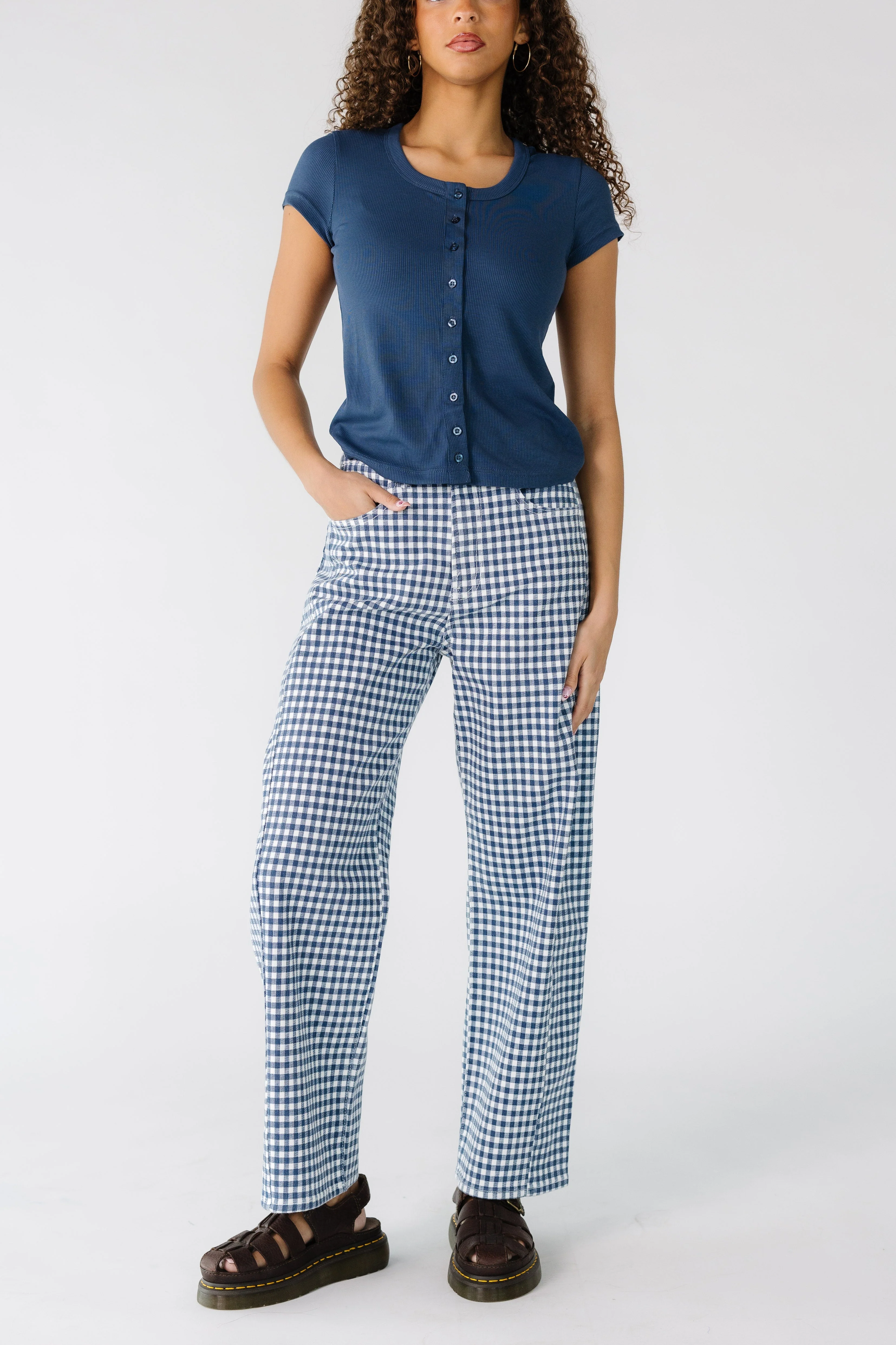 Navy Gingham Barrel Jeans - Image 3